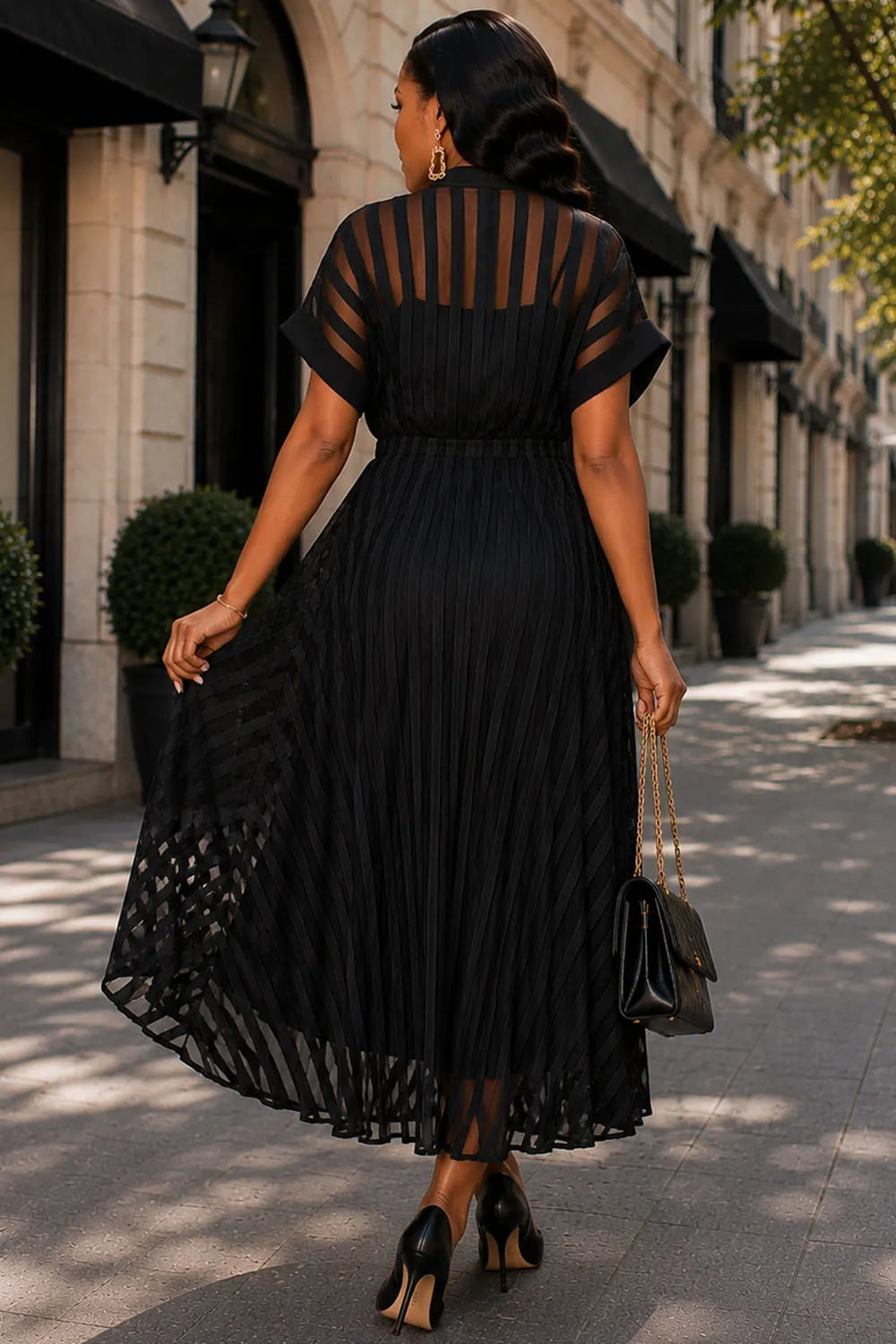 Xpluswear Design Plus Size Business Casual Black Shirt Collar Short Sleeve See Through Button Midi Dresses