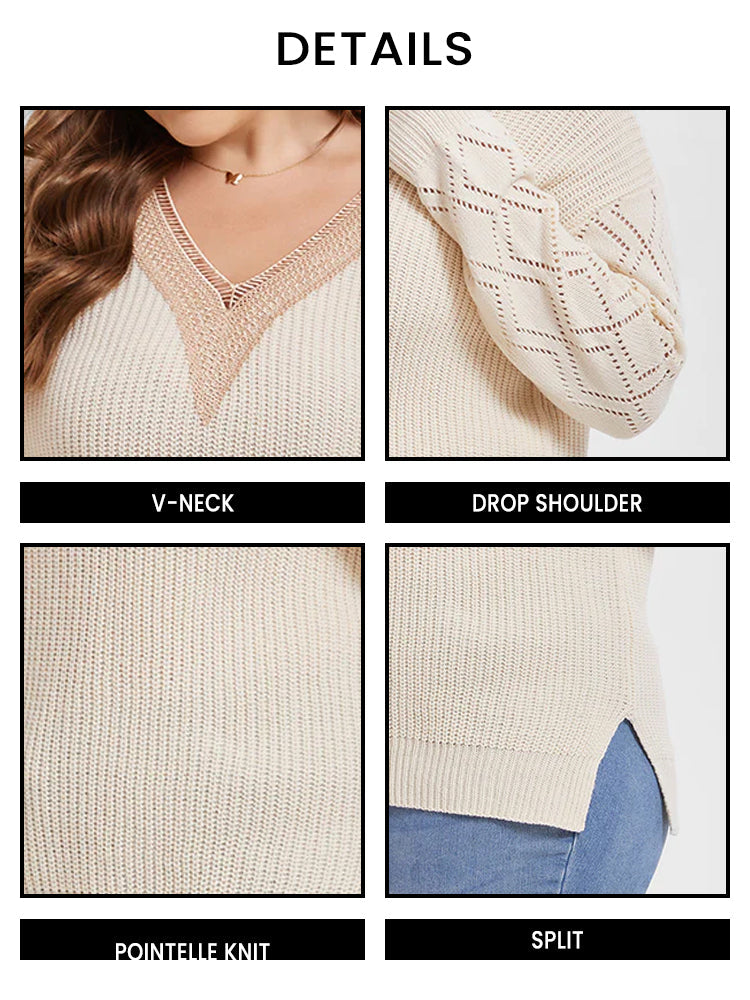 VIP Eyelet Lace Drop Shoulder Split Pointelle Knit Sweater