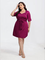 VIP Plus Crisscross Ruched Belted Half Sleeve Party Dress