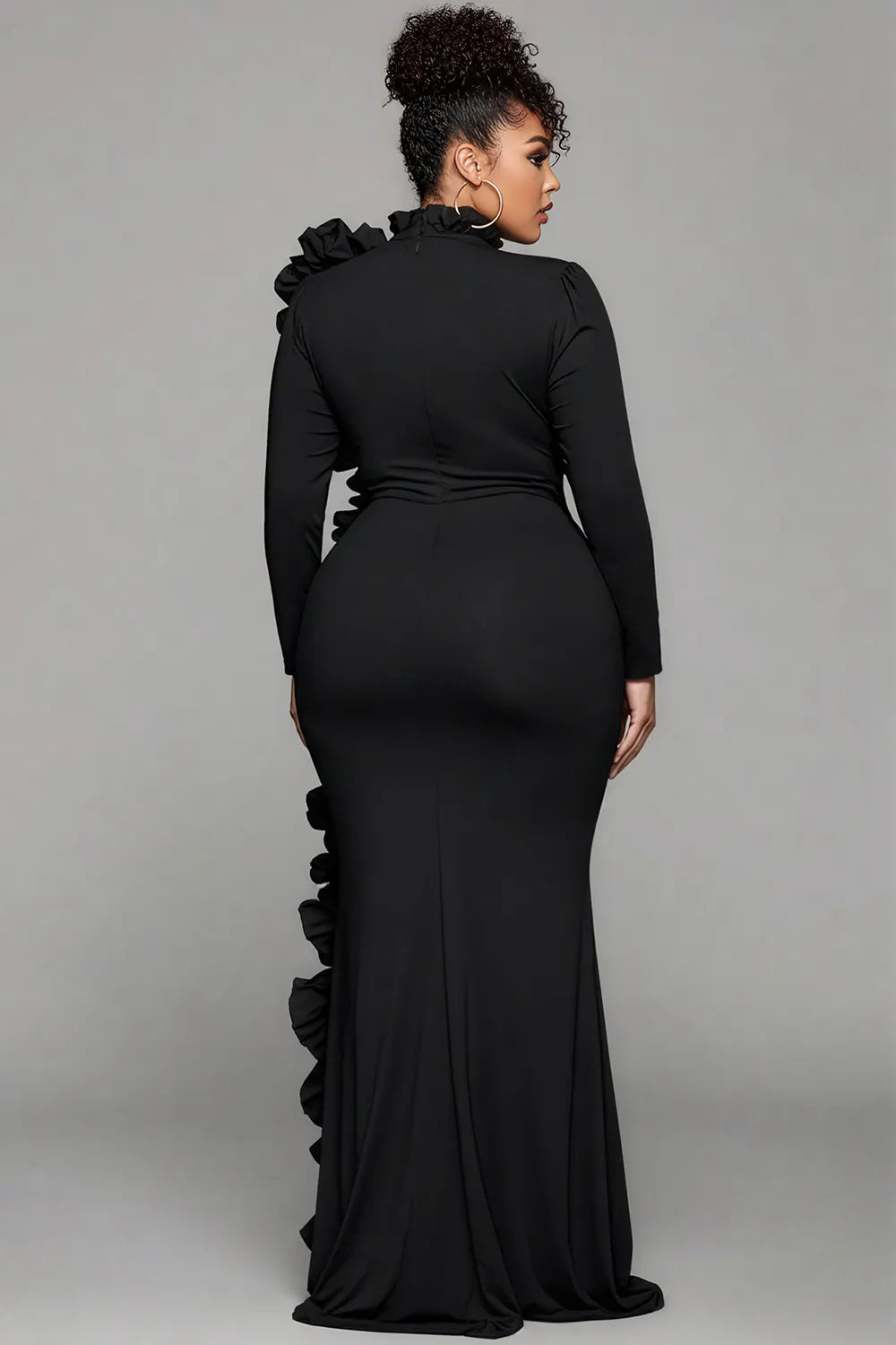Xpluswear Design Plus Size Formal Black Round Neck Long Sleeve Split Elegant Ruffle 3D Satin Maxi Dresses