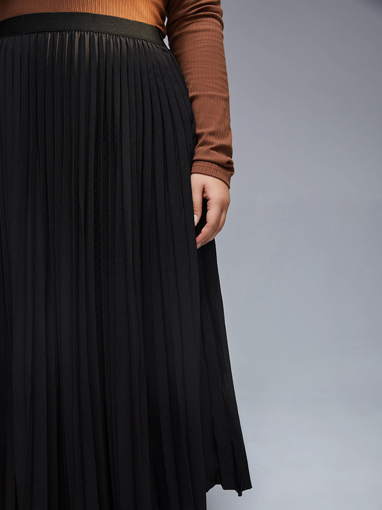 Plus Black Elastic Waist Pleated Skirt