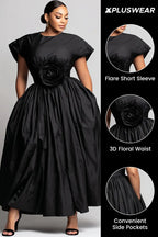 Xpluswear Design Plus Size Semi Formal Black Round Neck Short Sleeve 3D Casual Pocket Maxi Dresses