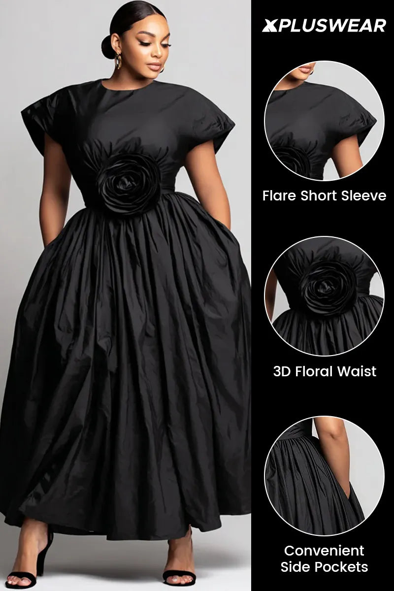 Xpluswear Design Plus Size Semi Formal Black Round Neck Short Sleeve 3D Casual Pocket Maxi Dresses