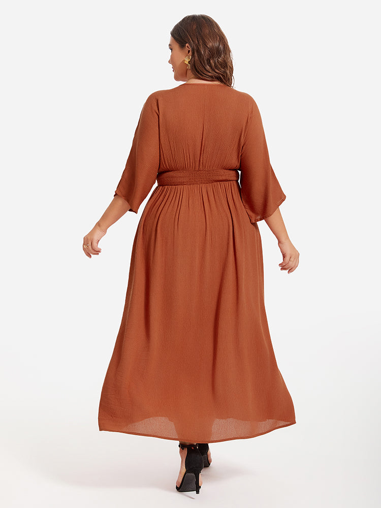 VIP V-Neck Button Front Elastic Waist Split Maxi Dress