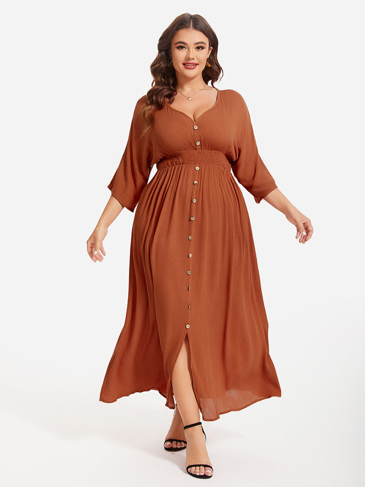 VIP V-Neck Button Front Elastic Waist Split Maxi Dress