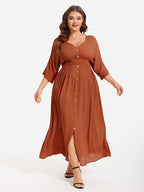 VIP V-Neck Button Front Elastic Waist Split Maxi Dress