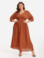 VIP V-Neck Button Front Elastic Waist Split Maxi Dress