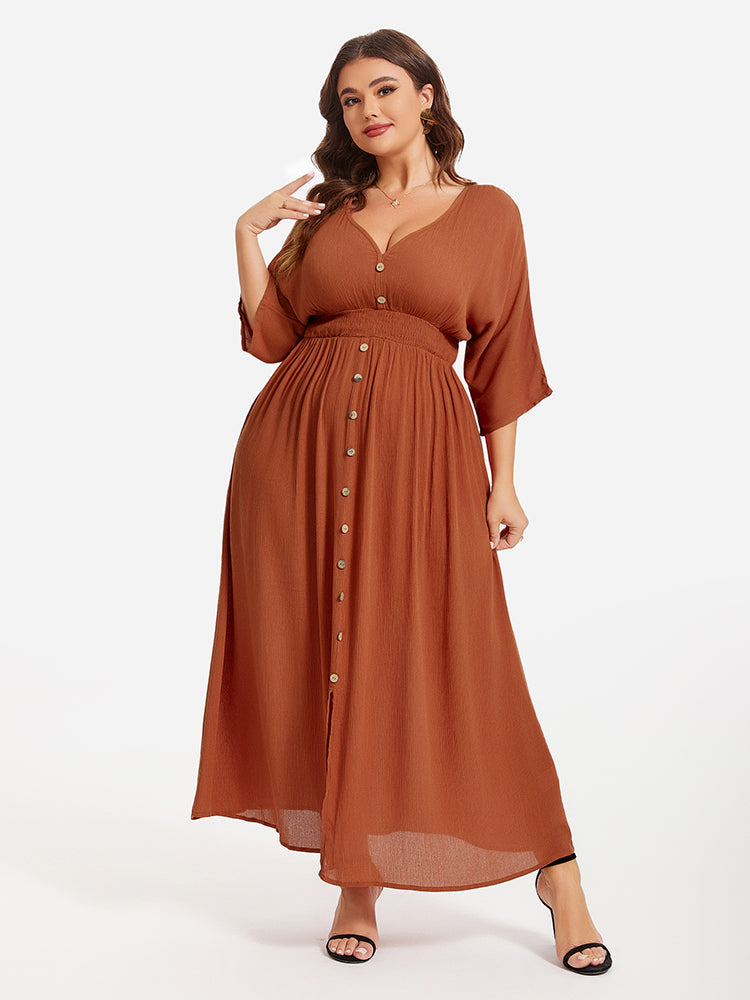 VIP V-Neck Button Front Elastic Waist Split Maxi Dress