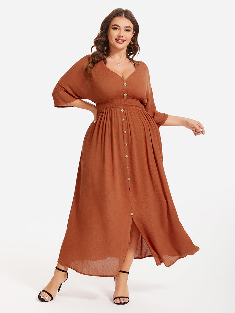 VIP V-Neck Button Front Elastic Waist Split Maxi Dress