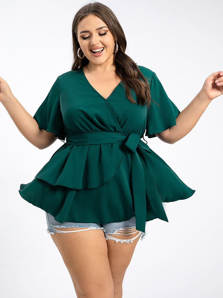 Plus Green V-Neck Flutter Sleeve Ditsy Blouse