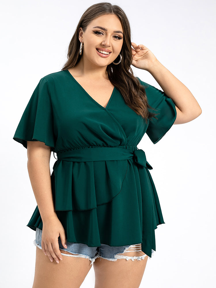 Plus Green V-Neck Flutter Sleeve Ditsy Blouse