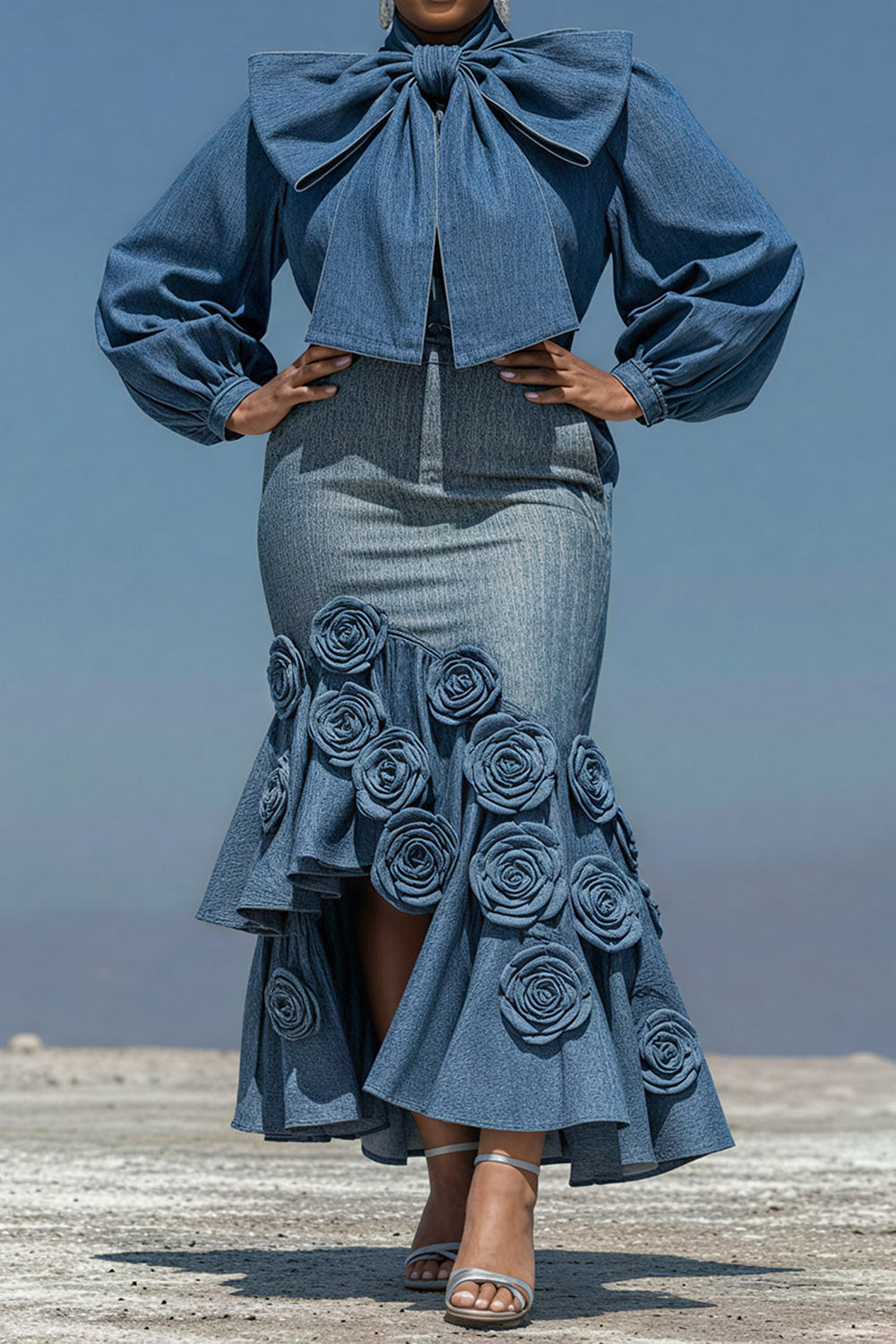 Xpluswear Design Plus Size Cocktail Party Blue Puff Sleeve Long Sleeve Bodycon Elegant Bow Tie Denim Two Piece Skirt Sets