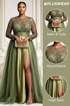 Xpluswear Design Plus Size Formal Tulle Sage Green Round Neck Long Sleeve Split Contrast Satin Maxi Dresses
