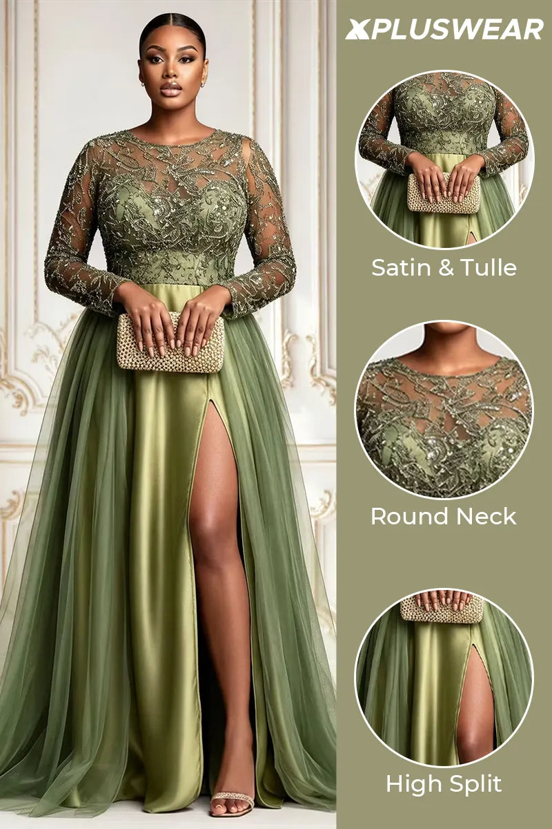 Xpluswear Design Plus Size Formal Tulle Sage Green Round Neck Long Sleeve Split Contrast Satin Maxi Dresses