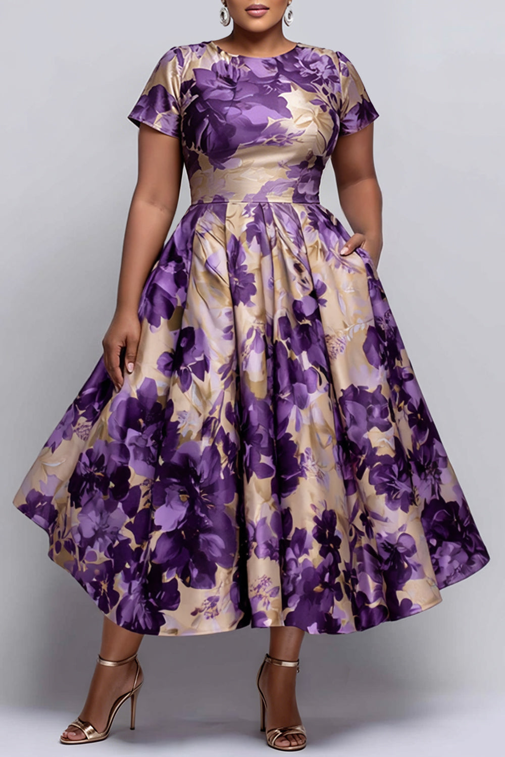 Xpluswear Design Plus Size Cocktail Party Purple Floral Round Neck Short Sleeve Pocket Satin Midi Dresses