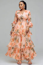 Xpluswear Design Plus Size Wedding Guest Peach All Over Print V Neck 3/4 Sleeve Ruffle Tiered Chiffon Maxi Dresses