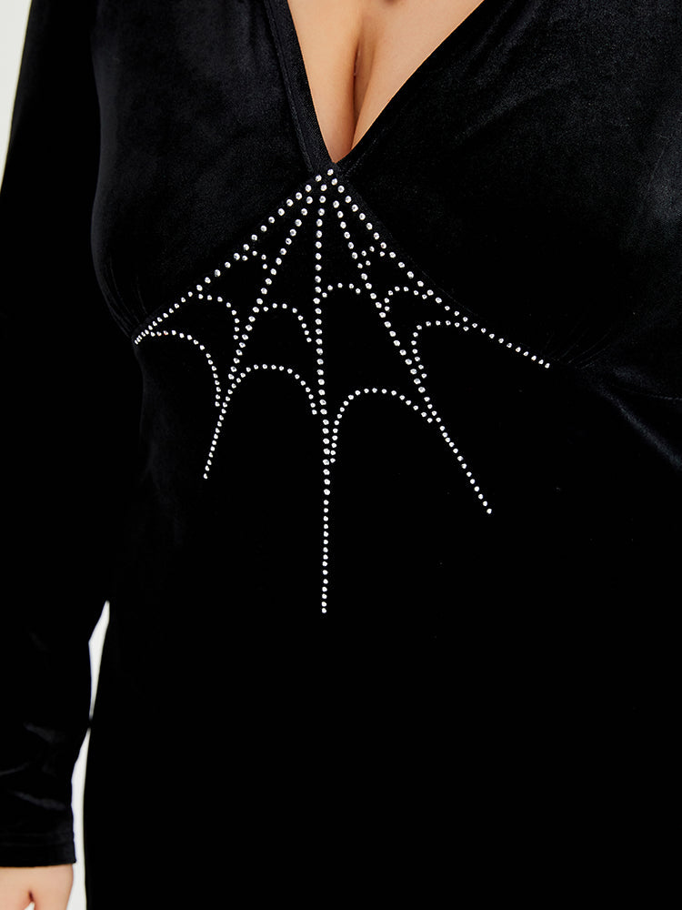 VIP Halloween Spider Web Rhinestone Velvet Bodycon Dress