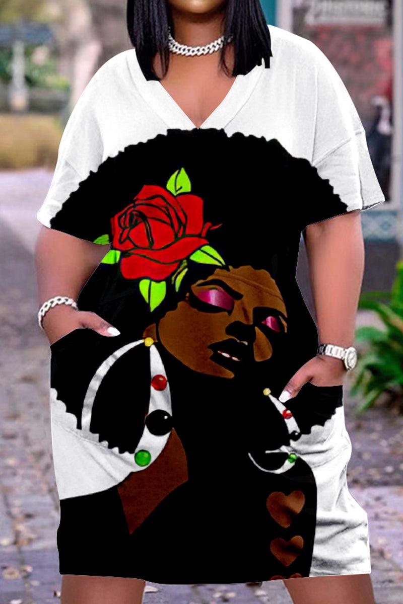 Xpluswear Plus Size V Neck African Short Sleeve Cute Black Girl Print With Pockets Midi Dress-Red
