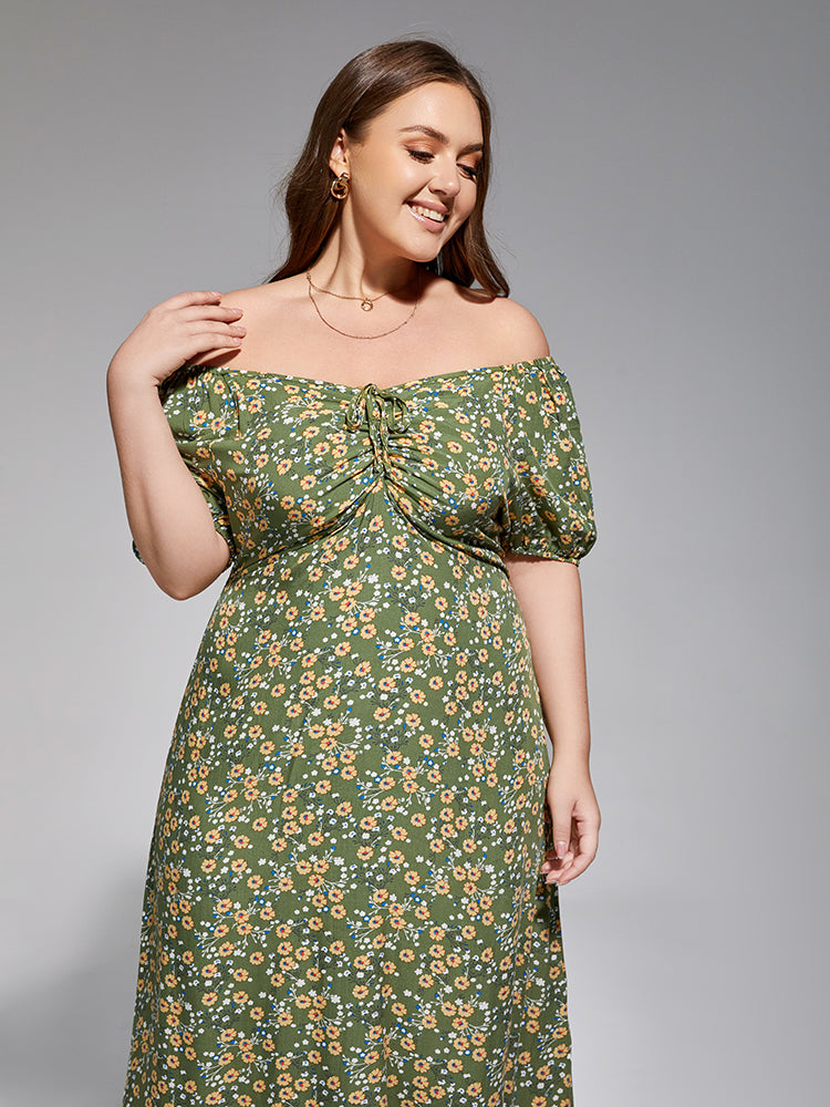 VIP Plus Sage Green Off-Shoulder Ruched Tie Front Midi Dress