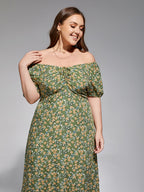 VIP Plus Sage Green Off-Shoulder Ruched Tie Front Midi Dress