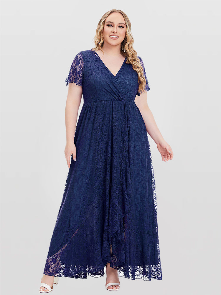 Solid Lace V-Neck Ruffle Hem Bridesmaid Dress