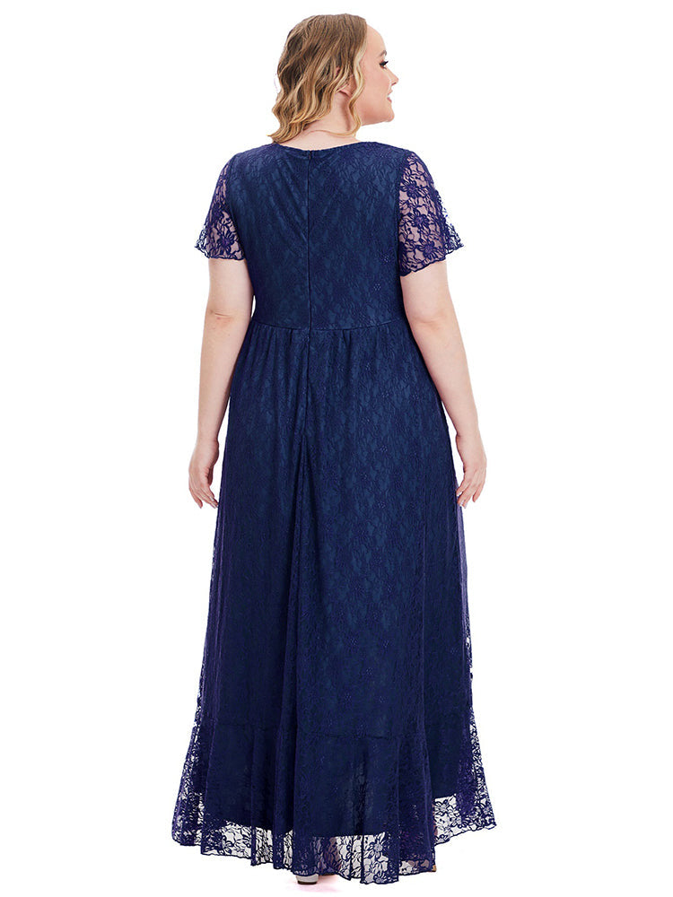 Solid Lace V-Neck Ruffle Hem Bridesmaid Dress