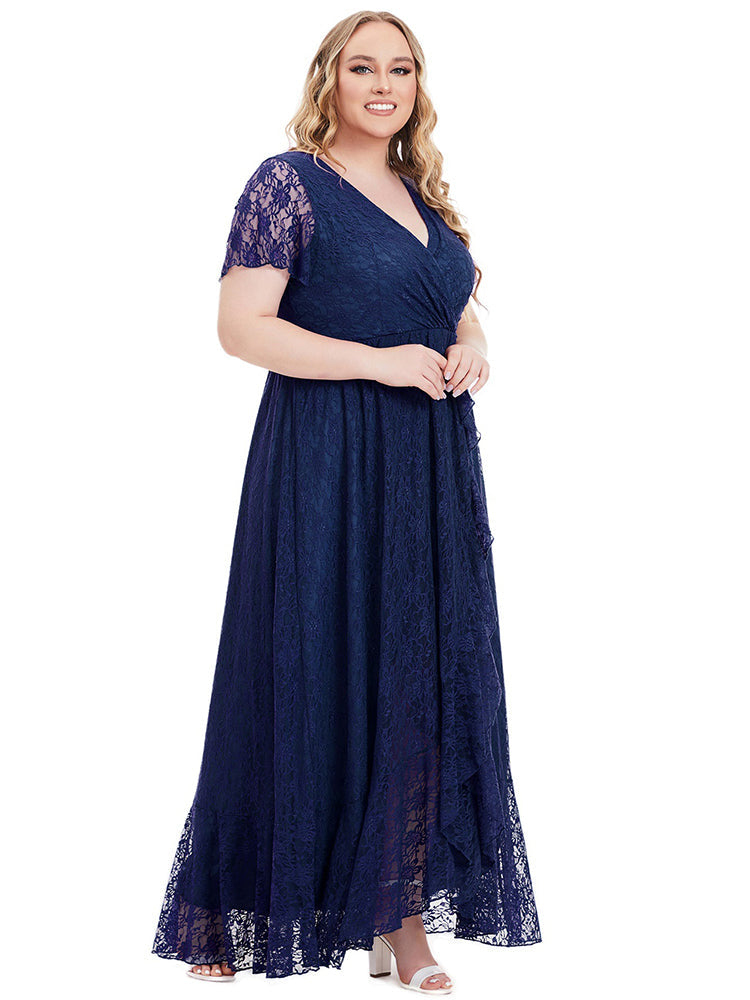 Solid Lace V-Neck Ruffle Hem Bridesmaid Dress