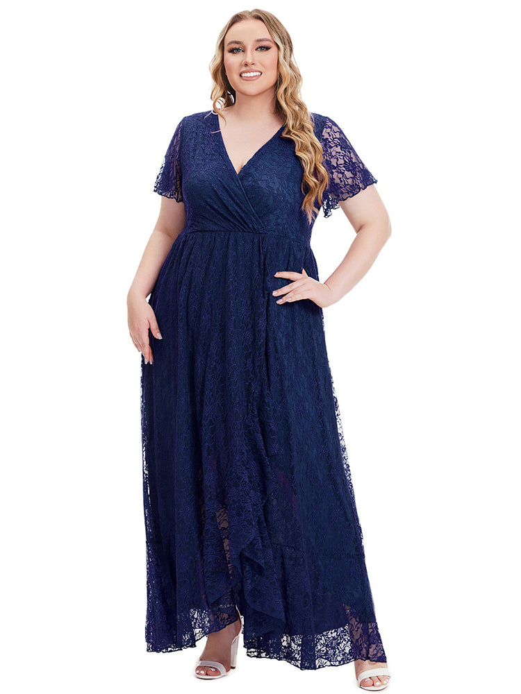 Solid Lace V-Neck Ruffle Hem Bridesmaid Dress