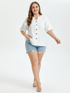 VIP Notched Neck Button Front Drop Shoulder Blouse