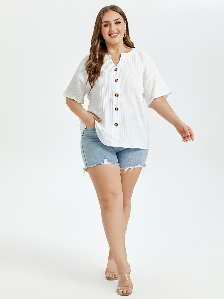 VIP Notched Neck Button Front Drop Shoulder Blouse