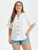 VIP Notched Neck Button Front Drop Shoulder Blouse