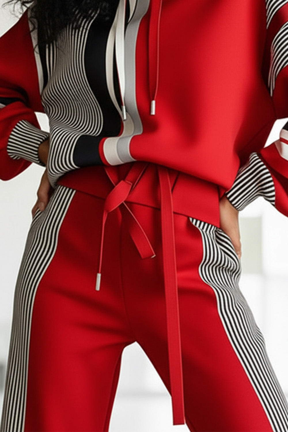 Plus Size Daily Red Striped Pull-On Waist Casual Pocket Pants