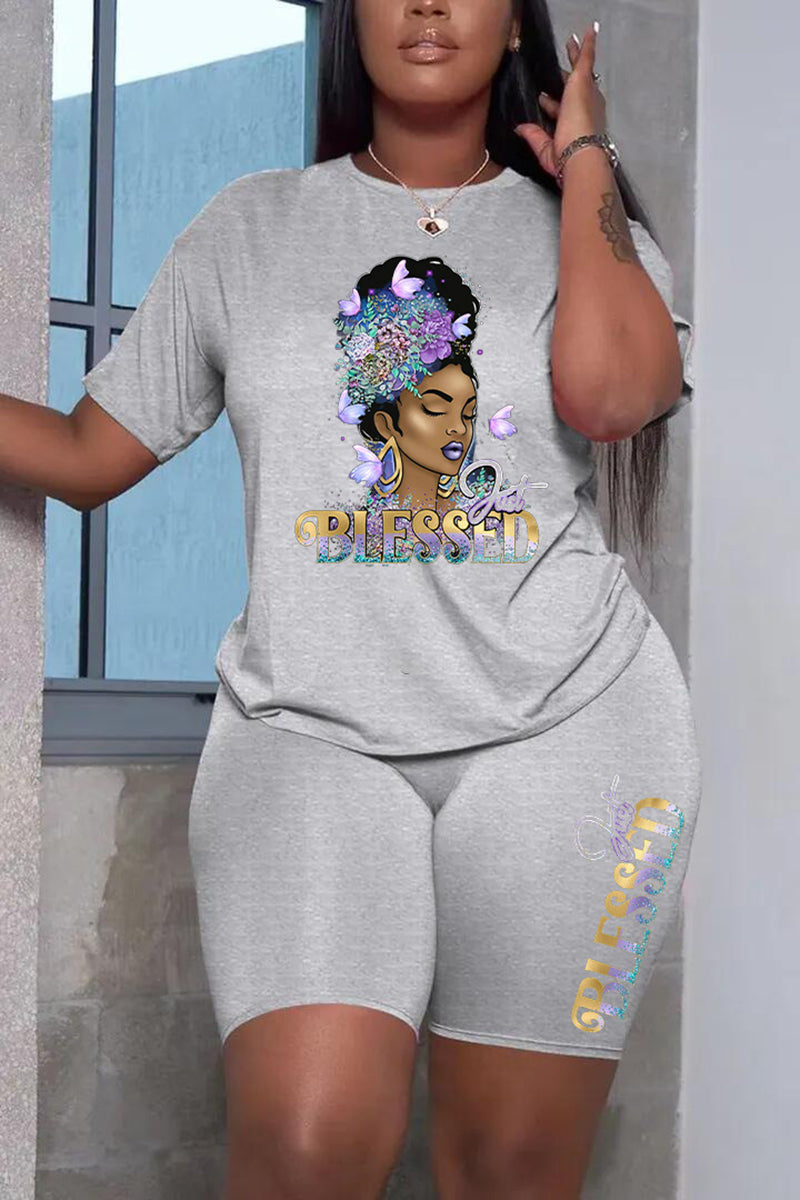 Plus Size Black African Casual Letter Pattern Print Short Sleeve Short Set
