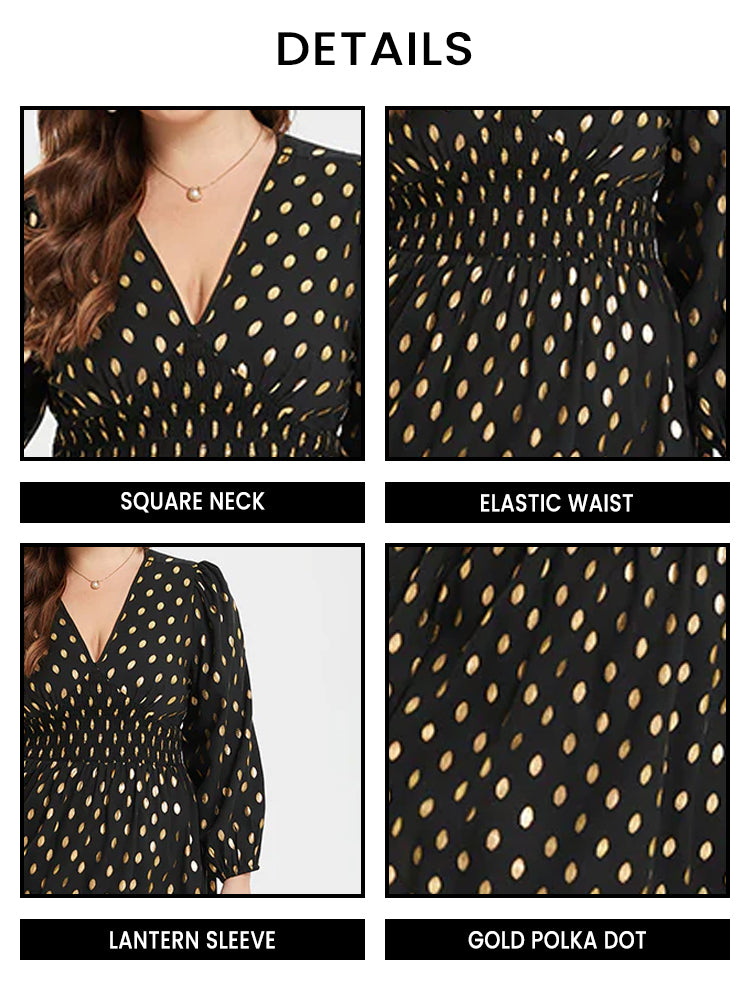 VIP Gold Polka Dot V-Neck Lantern Sleeve Elastic Waist Dress