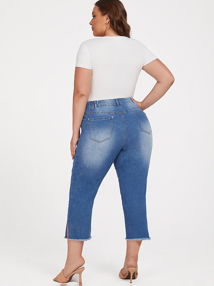 Plus Blue Elastic Waist Pocket Slit Cropped Jeans