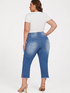 Plus Blue Elastic Waist Pocket Slit Cropped Jeans