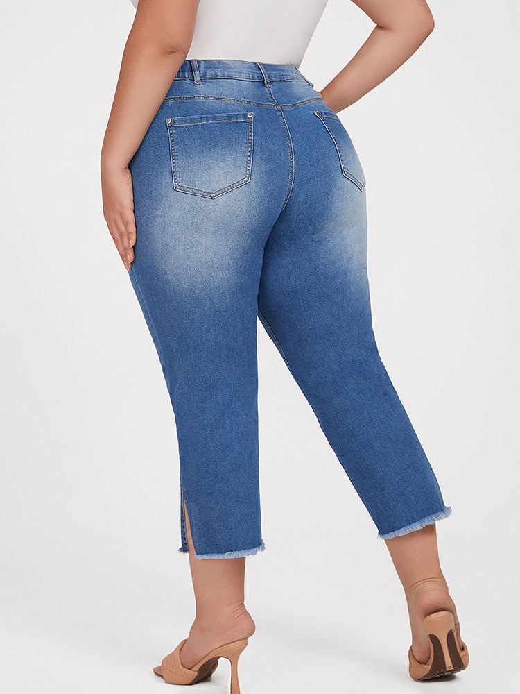Plus Blue Elastic Waist Pocket Slit Cropped Jeans