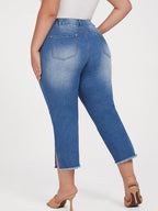 Plus Blue Elastic Waist Pocket Slit Cropped Jeans