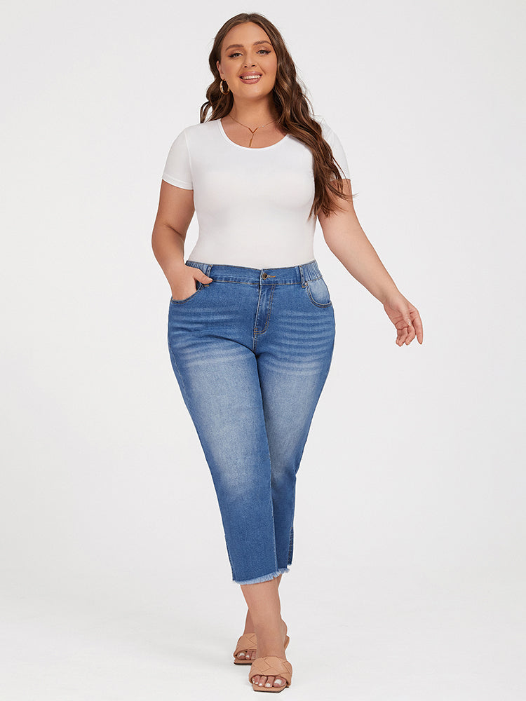 Plus Blue Elastic Waist Pocket Slit Cropped Jeans