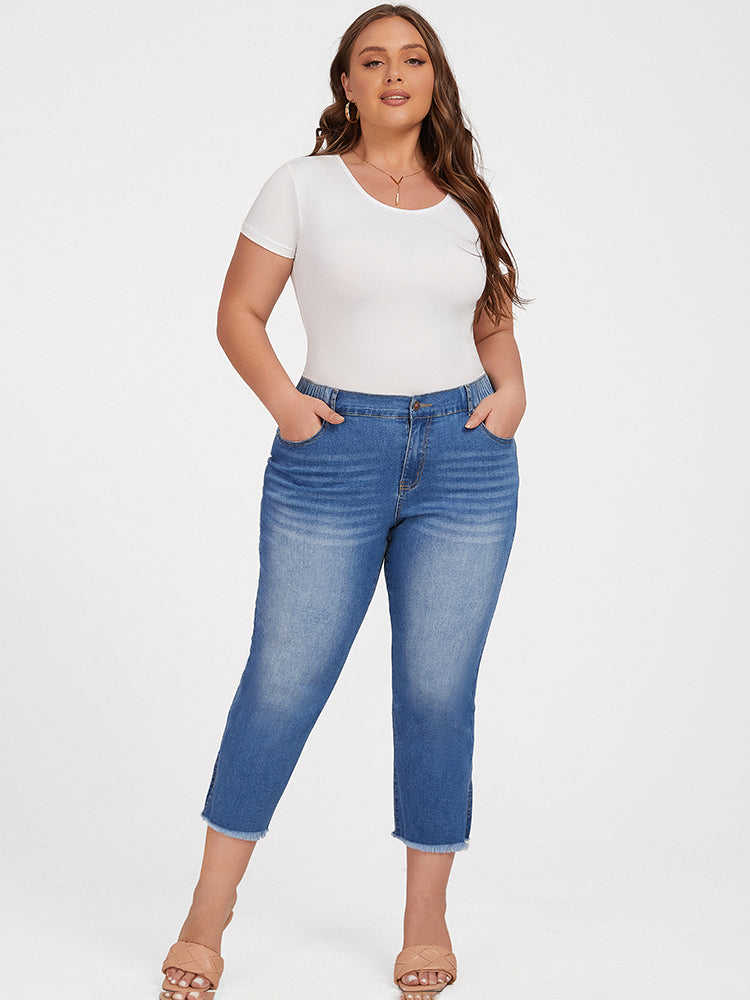 Plus Blue Elastic Waist Pocket Slit Cropped Jeans