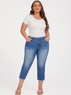 Plus Blue Elastic Waist Pocket Slit Cropped Jeans