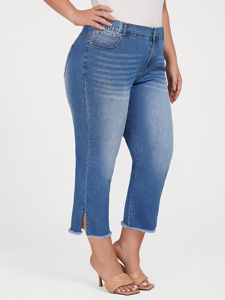 Plus Blue Elastic Waist Pocket Slit Cropped Jeans