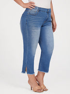 Plus Blue Elastic Waist Pocket Slit Cropped Jeans