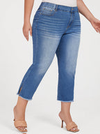 Plus Blue Elastic Waist Pocket Slit Cropped Jeans