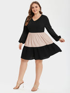 Two Tone V-Neck Lantern Sleeve Ruffle Hem Midi Dress