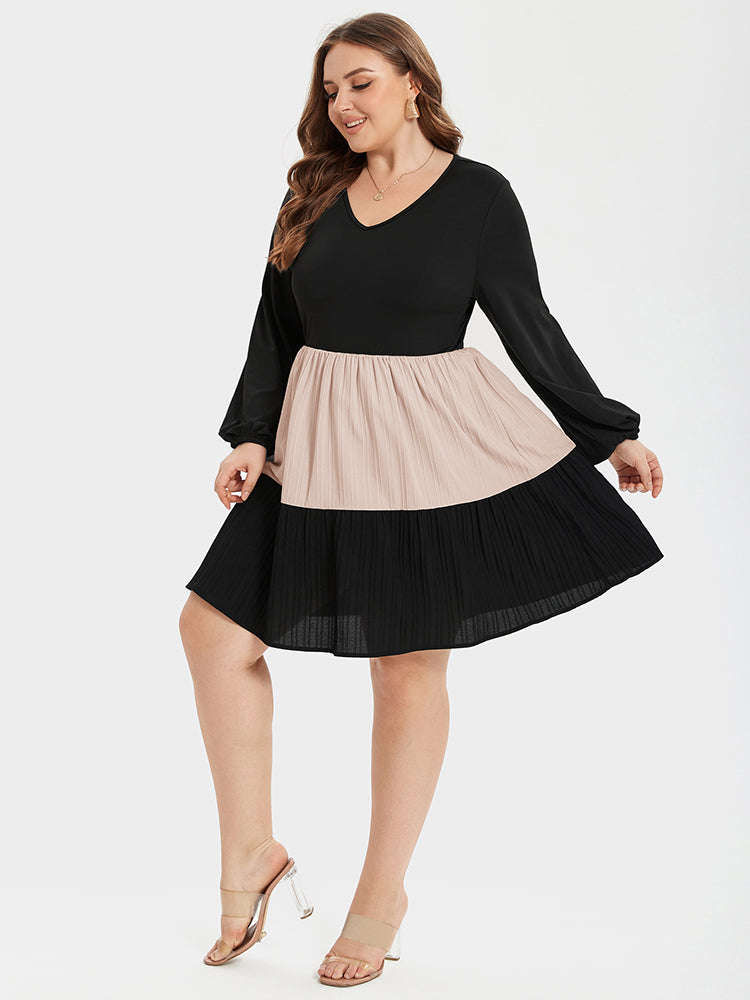 Two Tone V-Neck Lantern Sleeve Ruffle Hem Midi Dress
