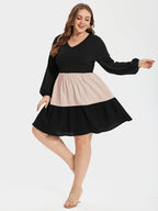 Two Tone V-Neck Lantern Sleeve Ruffle Hem Midi Dress
