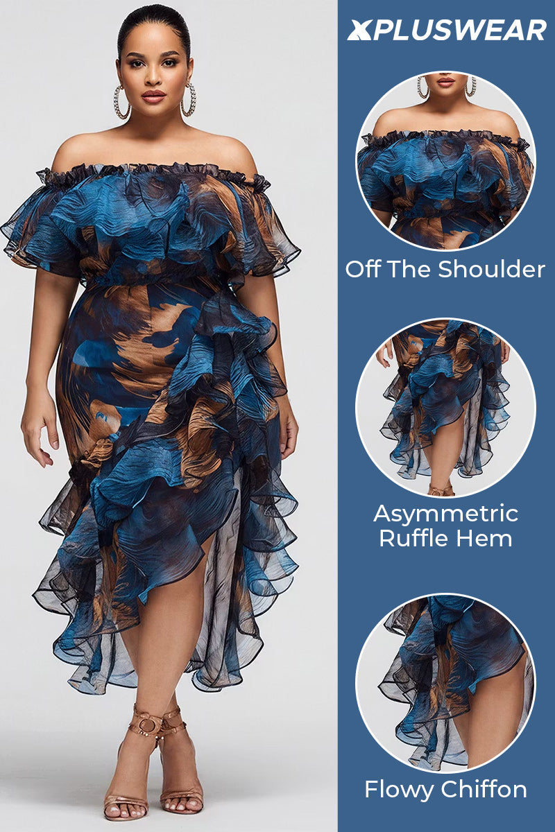 Xpluswear Design Plus Size Cocktail Party Blue Graphic Off The Shoulder Ruffle Tiered Chiffon Midi Dresses