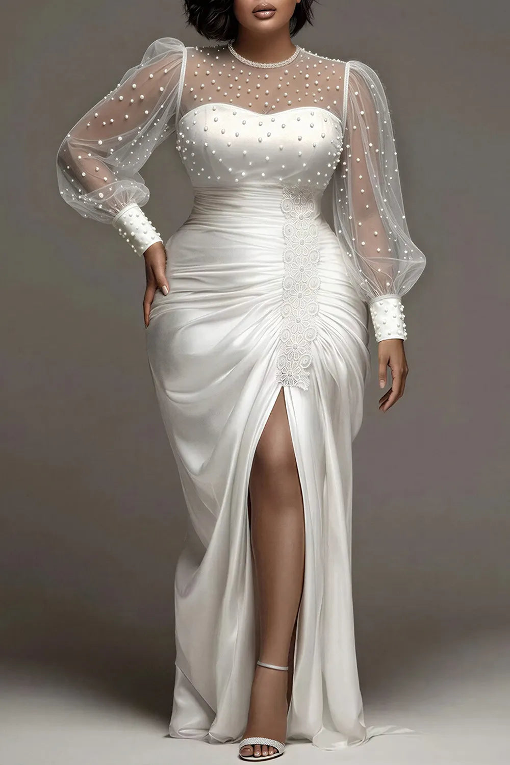 Xpluswear Design Plus Size Wedding Tulle White Round Neck Puff Sleeve Long Sleeve See Through Pearls Satin Maxi Dresses