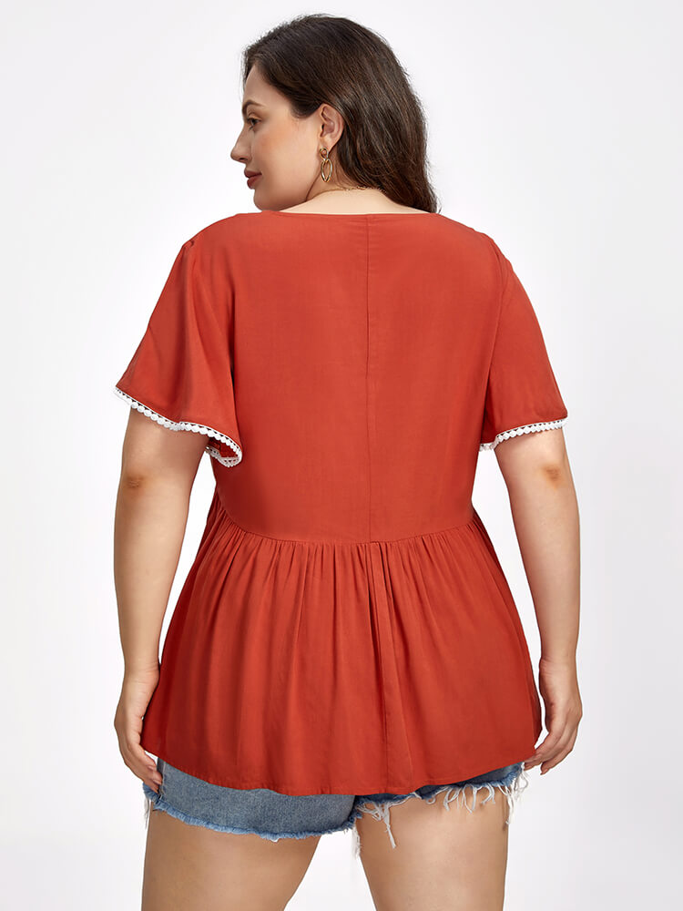 Plus Red V Neck Button Front Lace Ruffle Sleeve Blouse